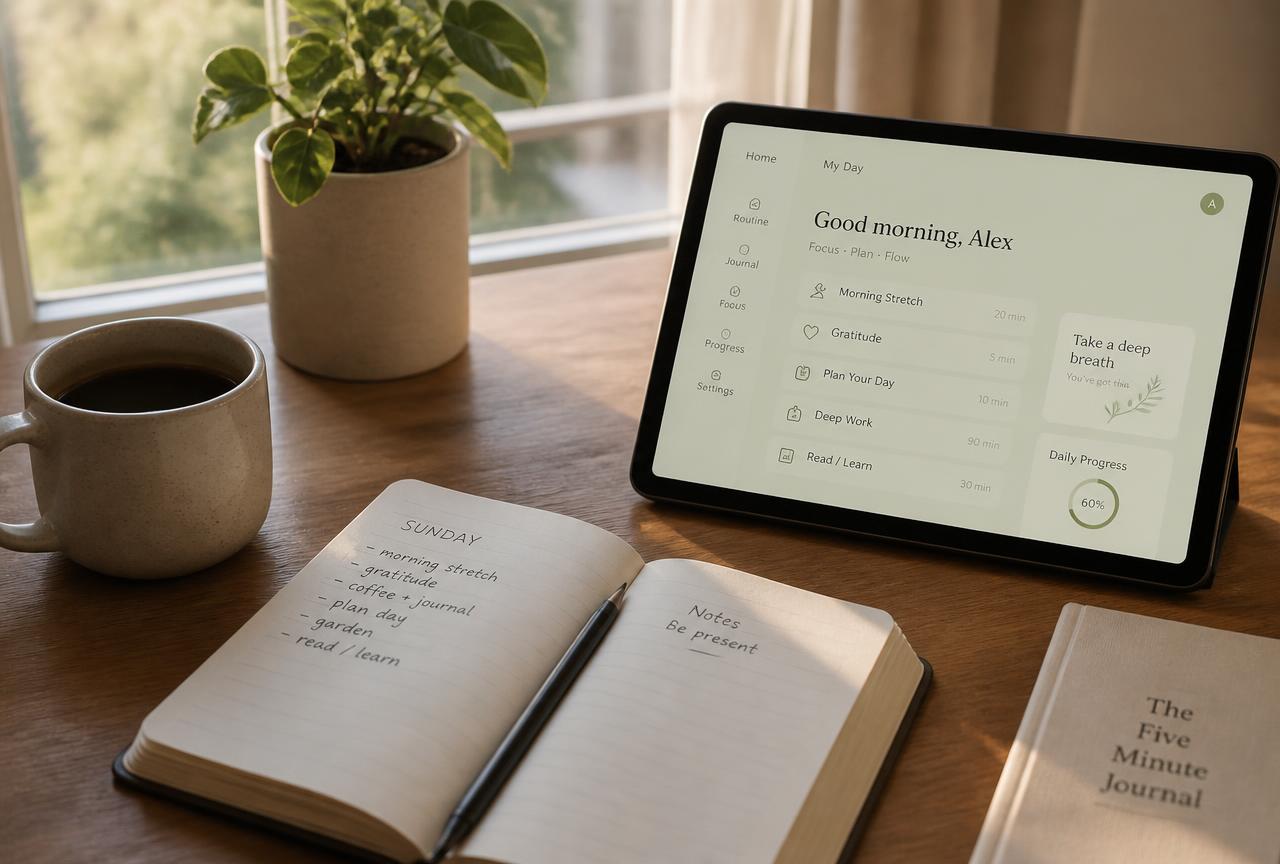 Morning Flow open on a tablet next to a notebook and coffee on a wooden desk in morning light