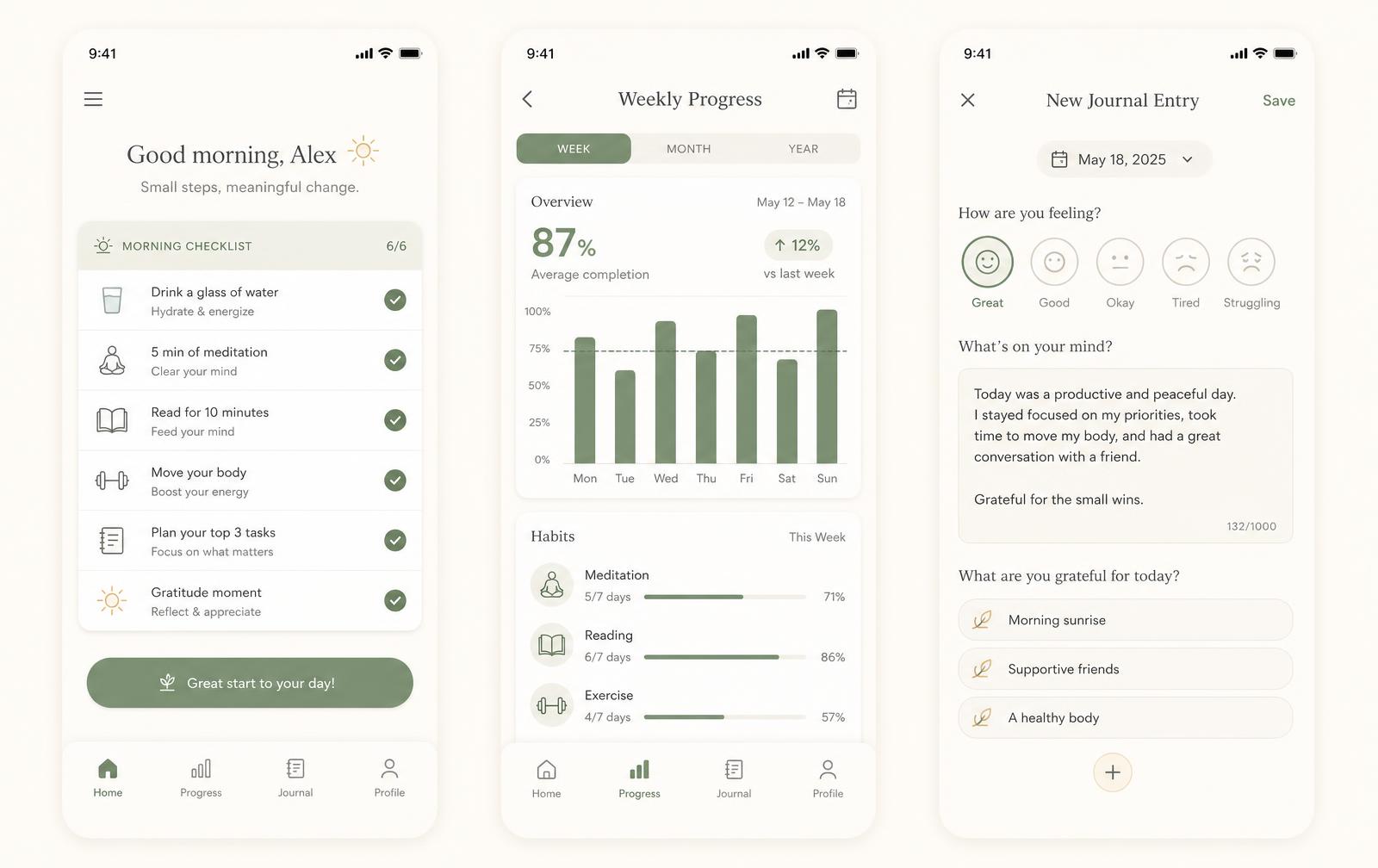 Three Morning Flow app screens: morning checklist, weekly progress chart and a new journal entry