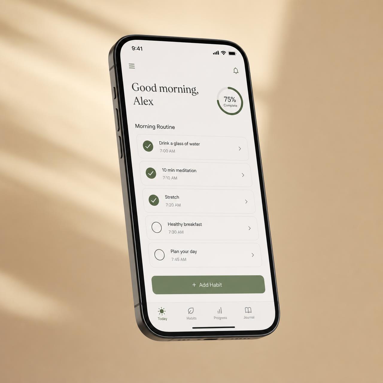 Morning Flow app open on a smartphone, showing a morning routine checklist and daily progress ring